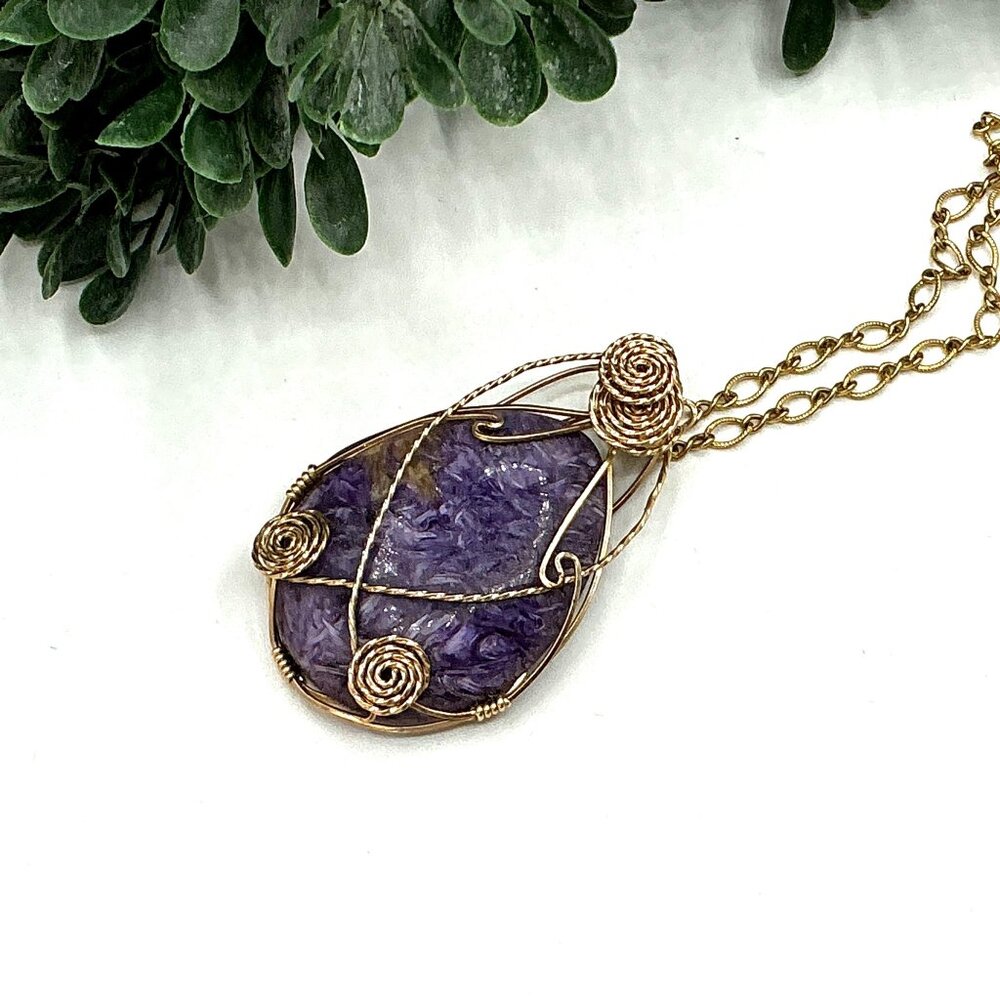 Gold 14KT GF Tone Wire Wrapped Purple Gemstone Pendant Necklace On Long Chain